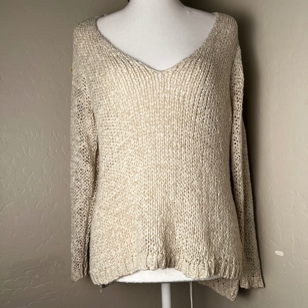 HM Women Beige Open Knit V-Neck Sweater Size Large Cream Tape Yarn Pullover